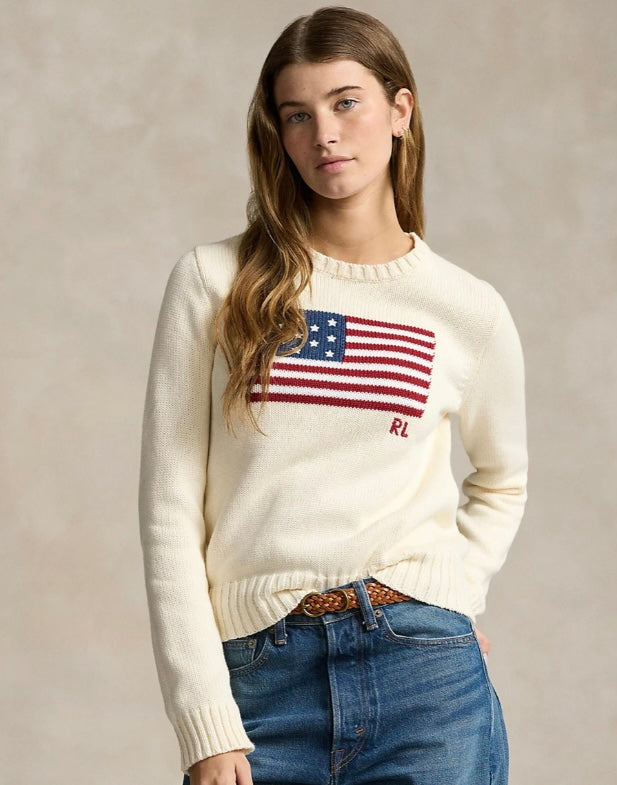 RALPH LAUREN KATOENEN TRUI MET RONDE HALS EN VLAG