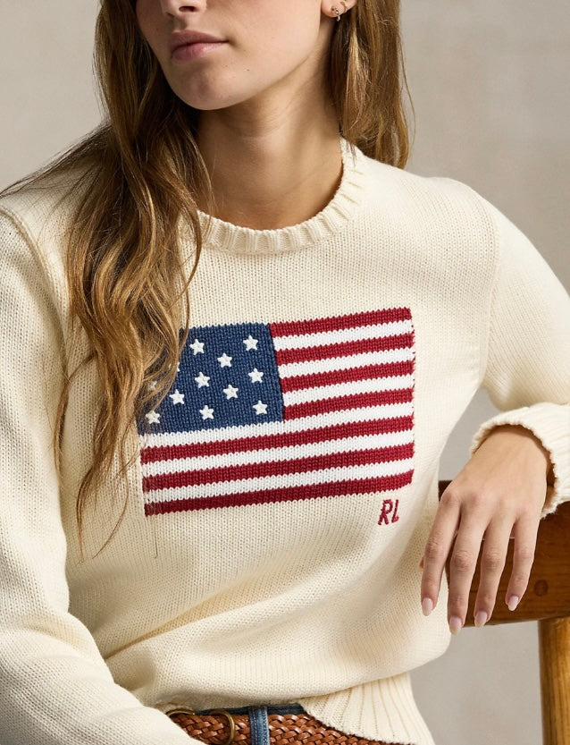 RALPH LAUREN KATOENEN TRUI MET RONDE HALS EN VLAG