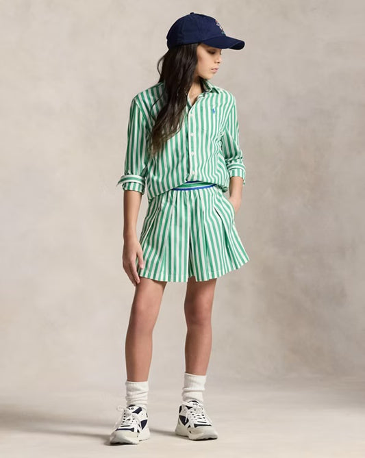 RALPH LAUREN STRIPED PLEATED POPLIN CULOTTE SHORT