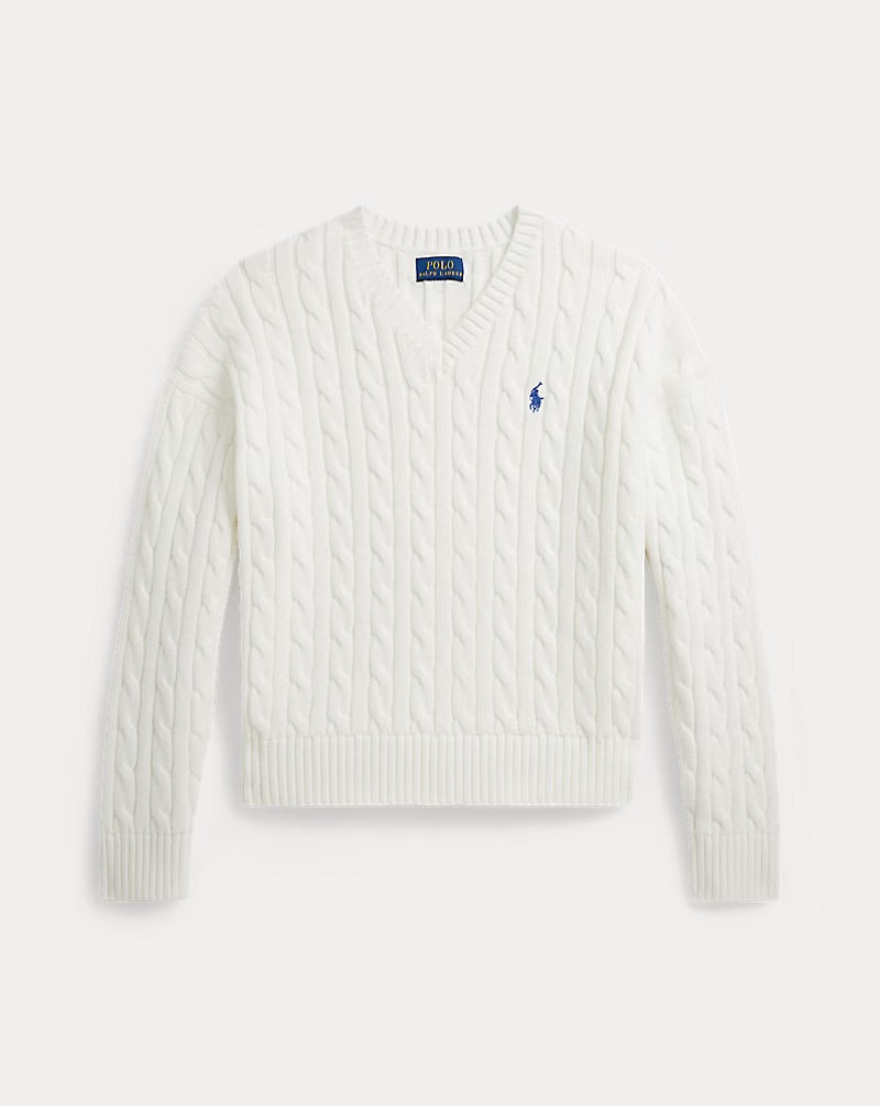 RALPH LAUREN KABEL GEBREIDE KATOENEN TRUI MET V-HALS