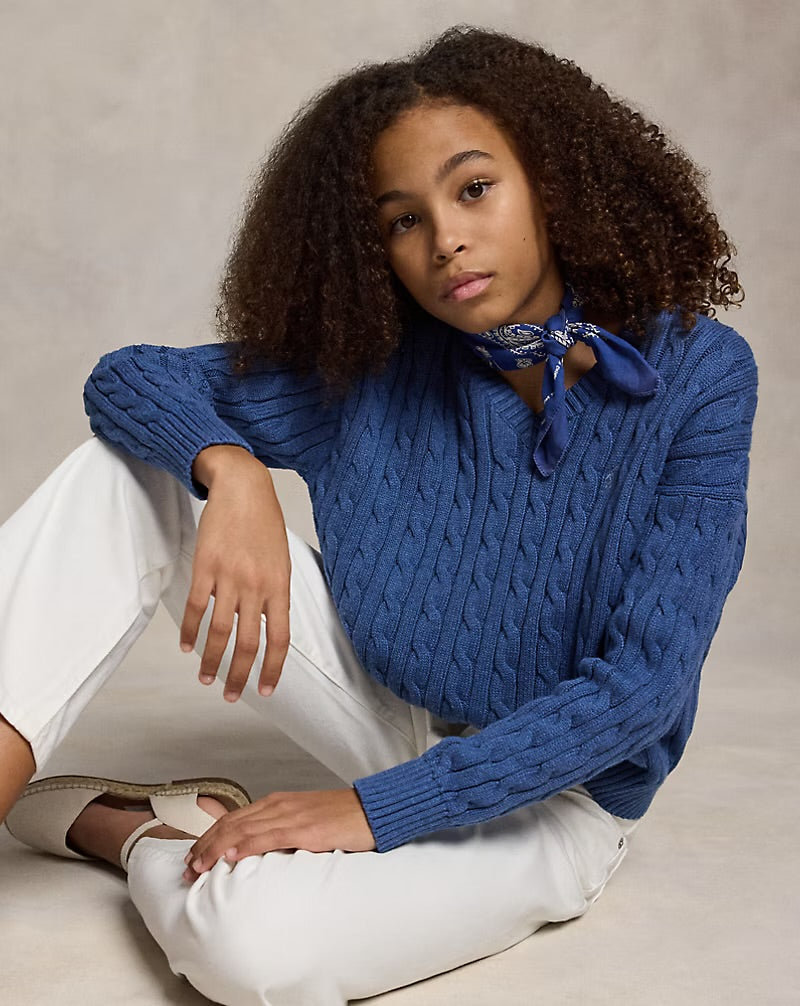 RALPH LAUREN KABEL GEBREIDE KATOENEN TRUI MET V-HALS